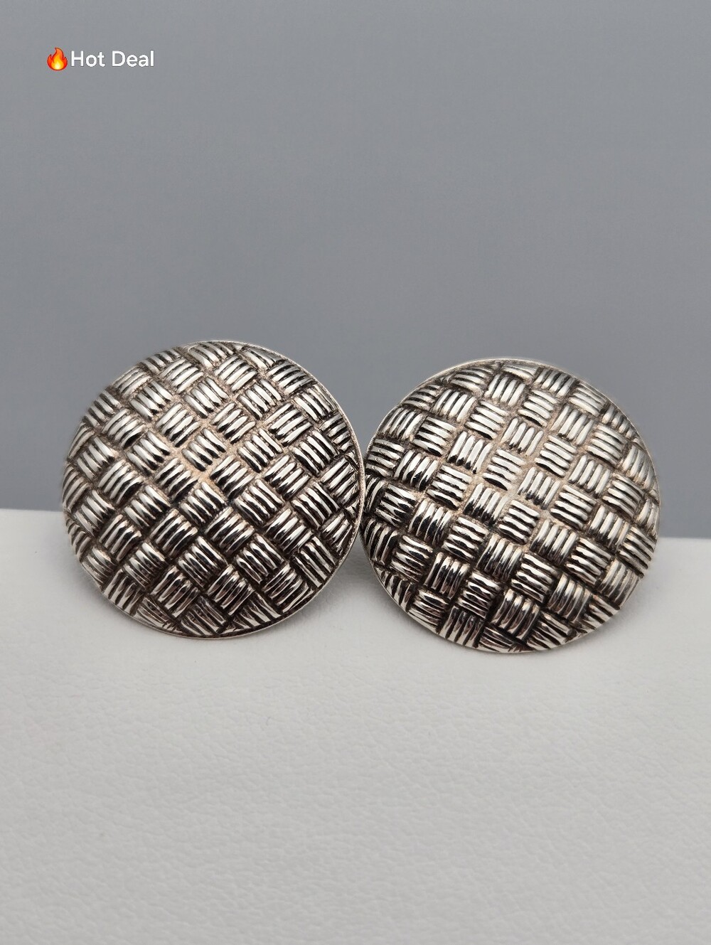 Vintage Sterling Silver Tone Abstract Circle Button Stud Earrings Textured